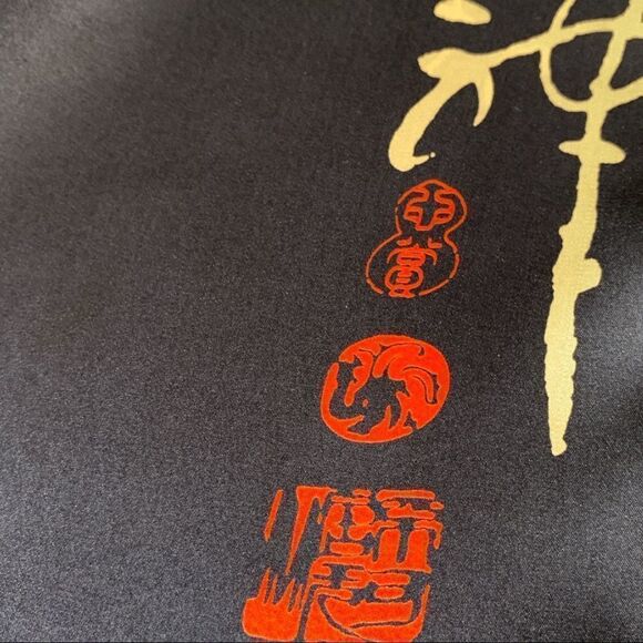 Vintage silk satin navy blue fringed rectangular fringed scarf Asian design - Picture 4 of 5